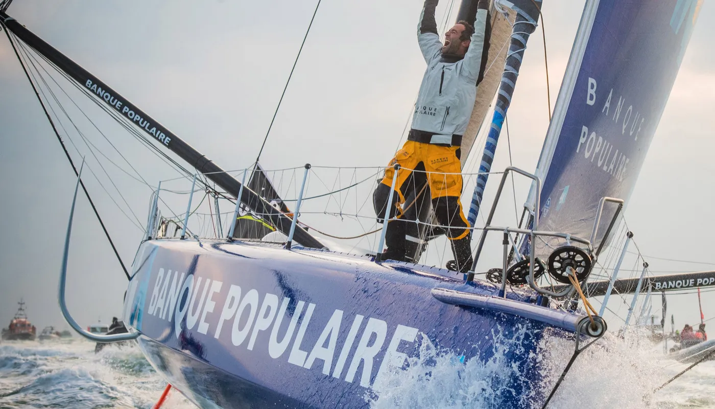 Arrivée de Armel Le Cleac’h (FRA), skipper Banque Populaire VIII, vainqueur du Vendee Globe en 74j 3h 35min 46sec, aux Sables d'Olonne, France, le 19 Janvier 2017