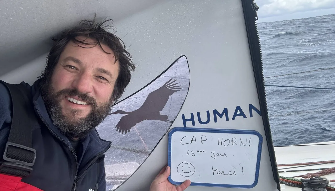 COURSE, 15 JANVIER 2024 : Photo envoyée depuis le bateau HUMAN Immobilier en train de passer le Cap Horn lors de la course à la voile du Vendée Globe le 15 janvier 2024. (Photo du skipper Antoine Cornic)