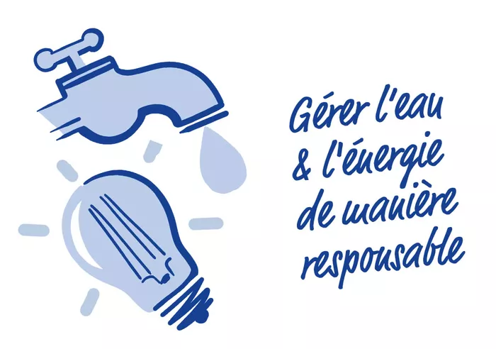 illustration d'un robinet et d'une ampoule avec le texte : Gérer l'eau et l'énergie de manière responsable