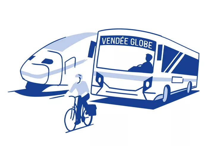 illustration avec un bus, un train et un homme à vélo
