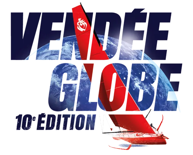 Texte : Vendée Globe 10e Edition texture avec un Imoca rouge devant un Globe terrestre bleu