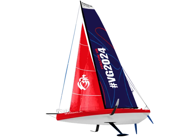 Représentation 3D d'un Imoca, de profil un peu en contreplongé. La voile avant et la coque sont rouge, la Grand voile bleue avec l'inscription #VG2024