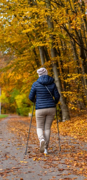 A woman from behind, equipped with hiking poles, walking on a country lane
